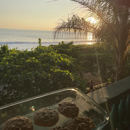 A glass baking dish with chocolate chip cookies is held on a terrace overlooking a tropical shoreline with a palm tree and a golden sunset.