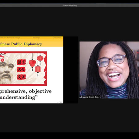 Zoom screenshot of Naima Green-Riley presenting her work on Chinese diplomacy at the Weatherhead Forum