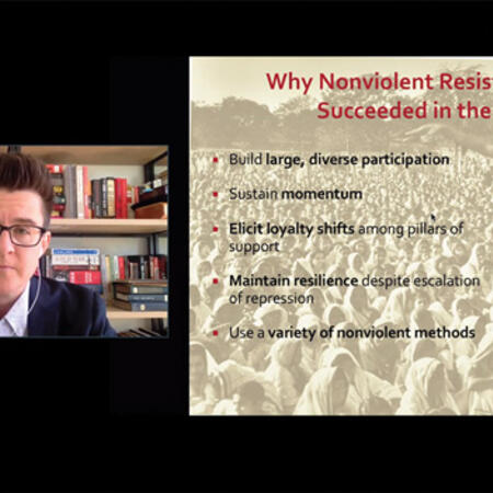 Zoom screenshot of Erica Chenoweth presenting their Orientation panel talk on nonviolent resistance