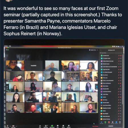 Screenshot of a Twitter post of Global History Seminar participants on Zoom