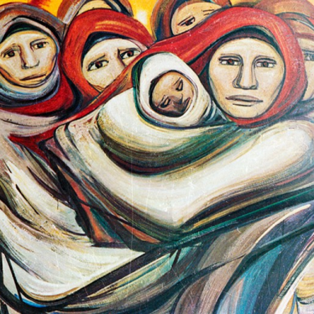 Mural depicting a group of women, one holding a child