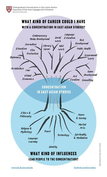 stylized image of a tree and its roots and branches annotated with career paths and interests