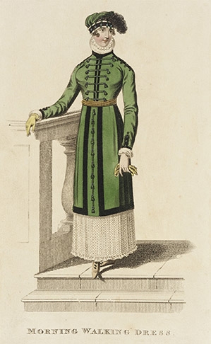 Fashion plate of green morning walking dress circa 1812