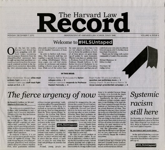 Above the fold Harvard Law Record issue for Dec 7 2015