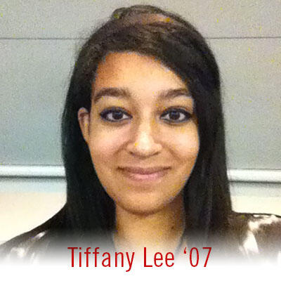A woman with long black straight hair wearing a brown and white shirt smiles above text reading "Tiffany Lee '07"