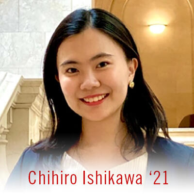 Chihiro Ishikawa wearing a blue cardigan and smiling in front of a marble staircase with the words "Chihiro Ishikawa '21"