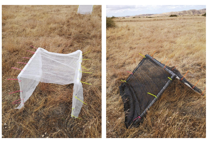 The image on the left shows a small, white triangular shelter on a brown, grassy field, while the right image shows the same but the shelter is black