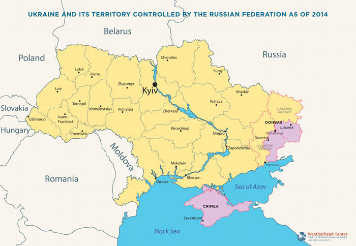 Map of Ukraine with shaded areas of Russian control as of 2014