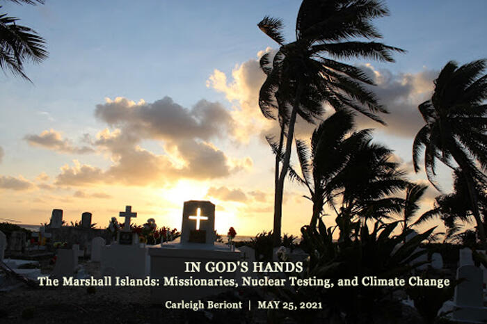 Title slide of the storymap with a background photo of sunlight shining behind a cemetery of gravestones and palm trees