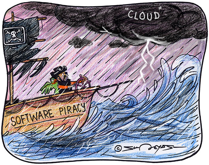 Cartoon of pirate ship in a storm