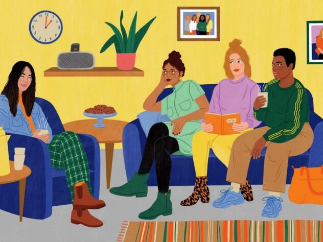Illustration of students hanging out on the Women's Center couches and involved in an engaging discussion
