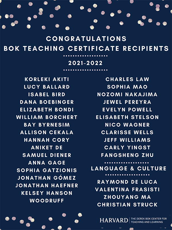 Bok Teaching Certificate Recipients
