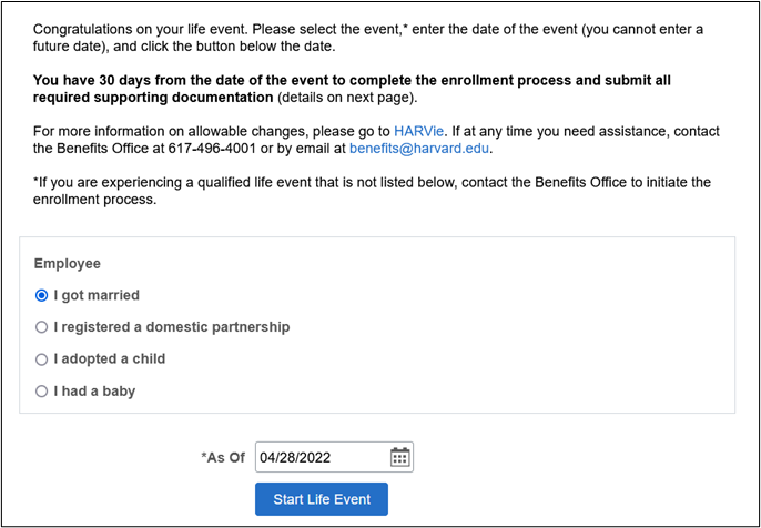 Initial Life Events Page where user selects event type + date