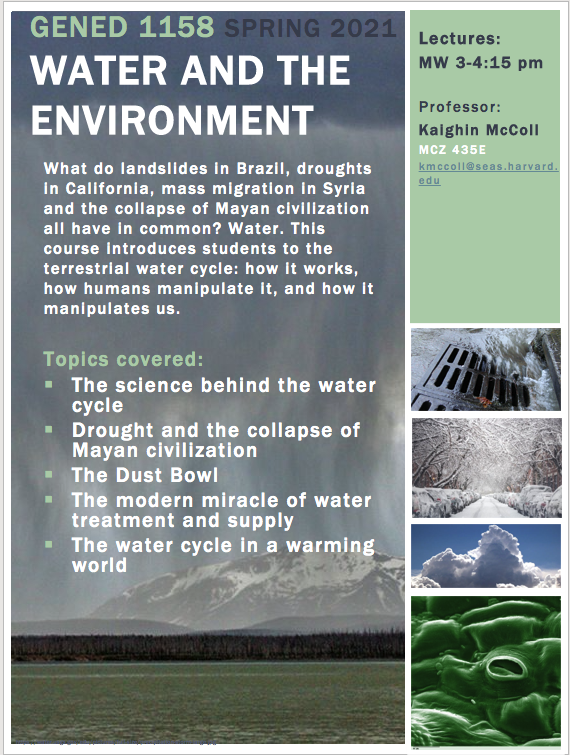 Course poster for Gen Ed 1158 that includes brief description of course and images of water in different forms.