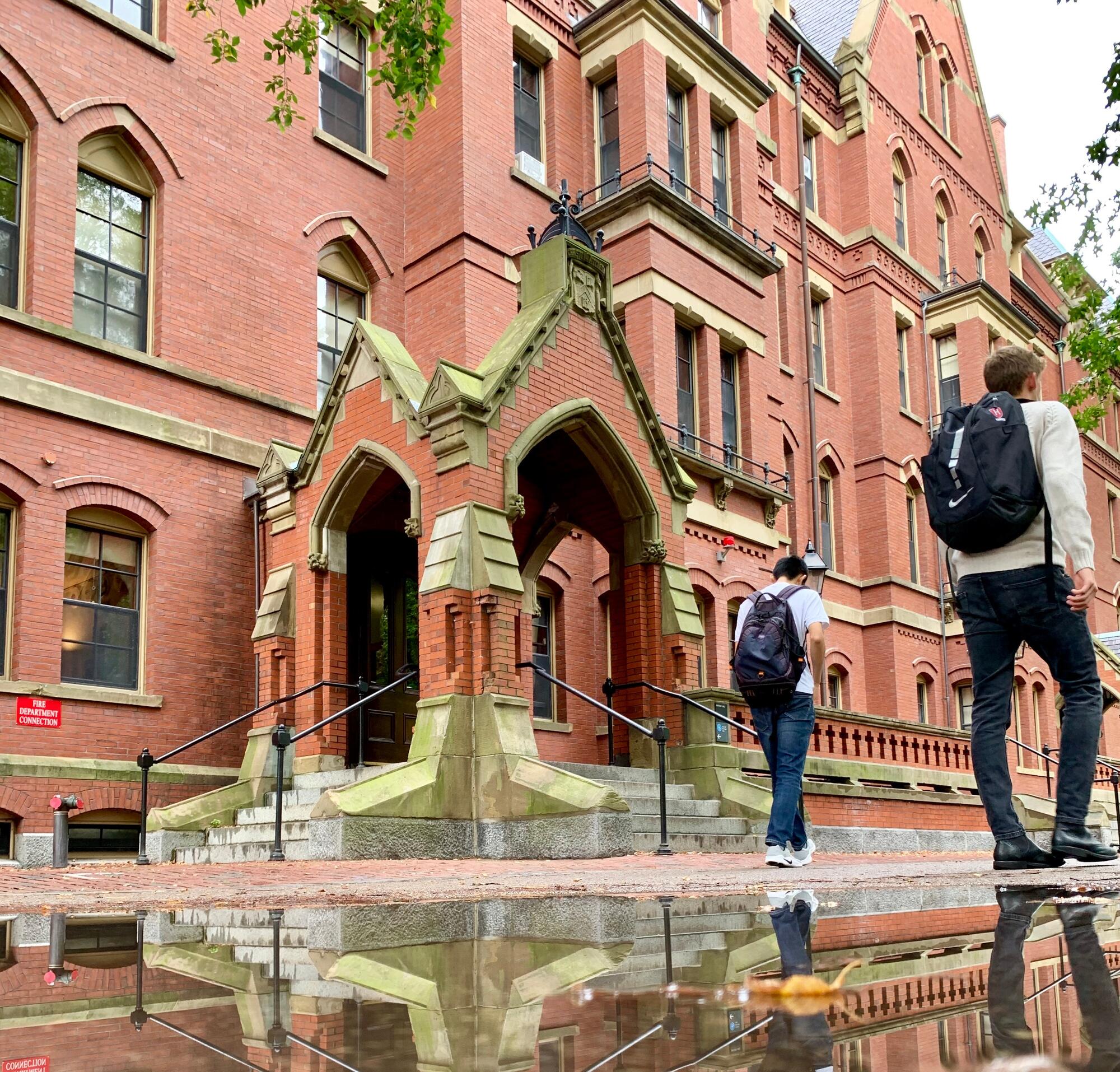 Students walking through Harvard Yard with their reflection showing in a puddle.