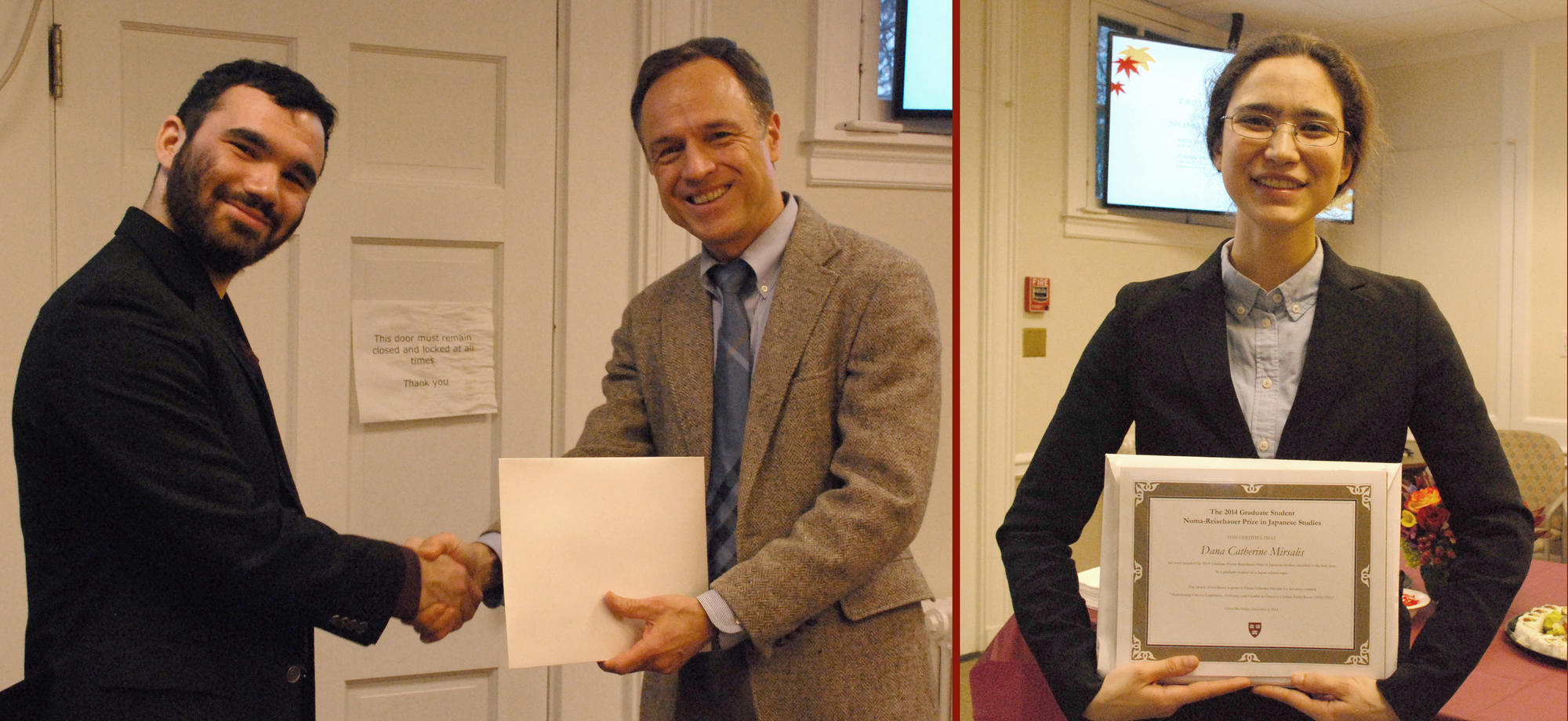 Neil Gat receives the Tazuko Ajiro-Monane Award presented by Professor Wesley Jacobsen (left); Dana Mirsalis (right)