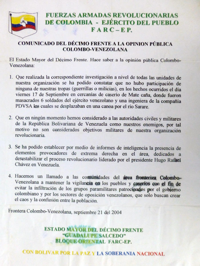 Image of a 2004 flyer the FARC distributed to citizens at the Colombian–Venezuelan border