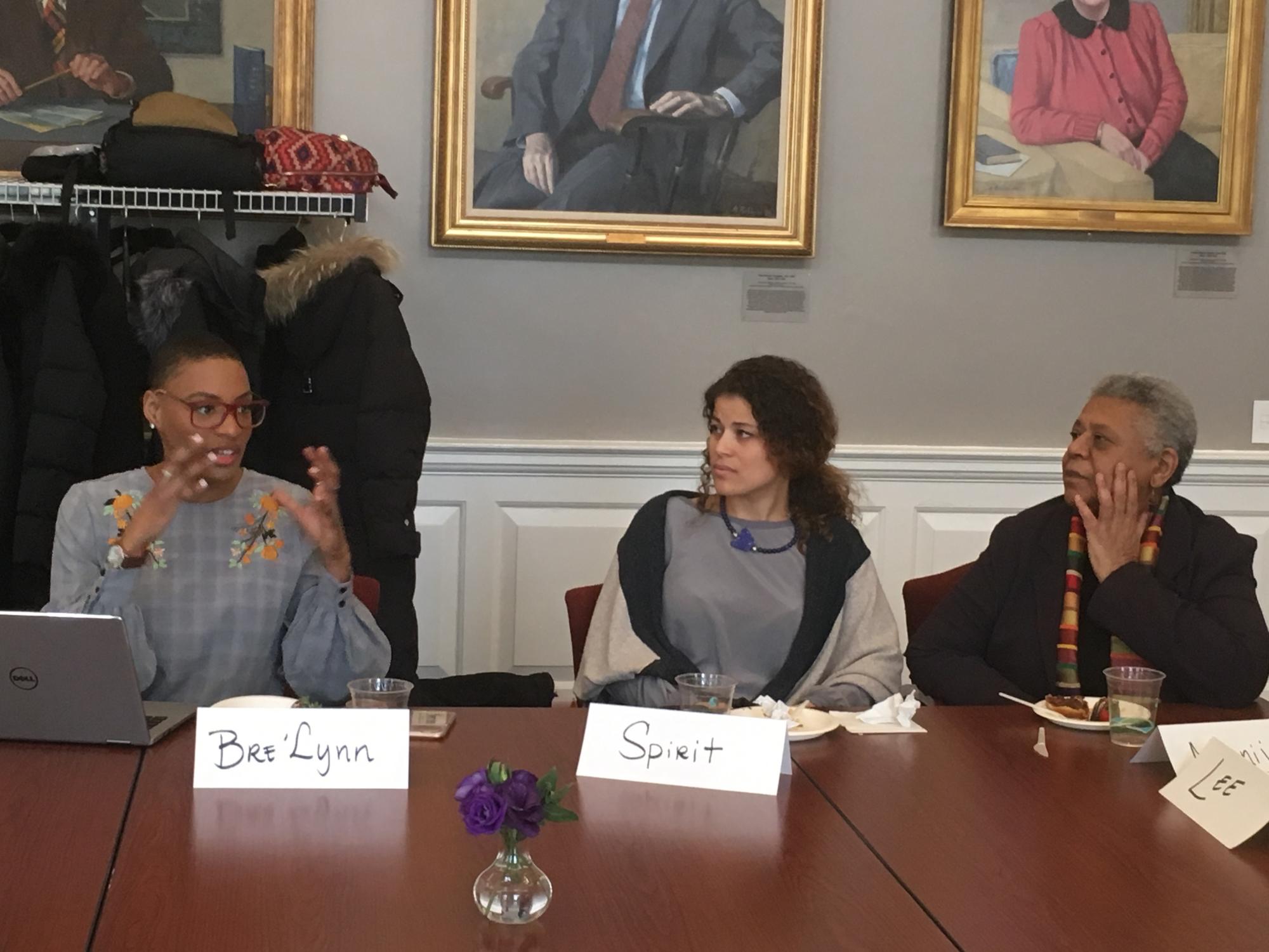 Image of three women, Bre'Lynn Lombard of the HGSE Black Student Union, Minnijean Roberts of the Little Rock Nine and her daughter Spirit Tawfiq