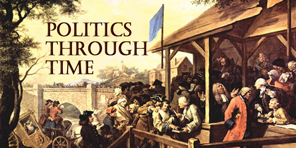 Text of "Politics Through Time" overlaid on William Hogarth's painting "The Polling"