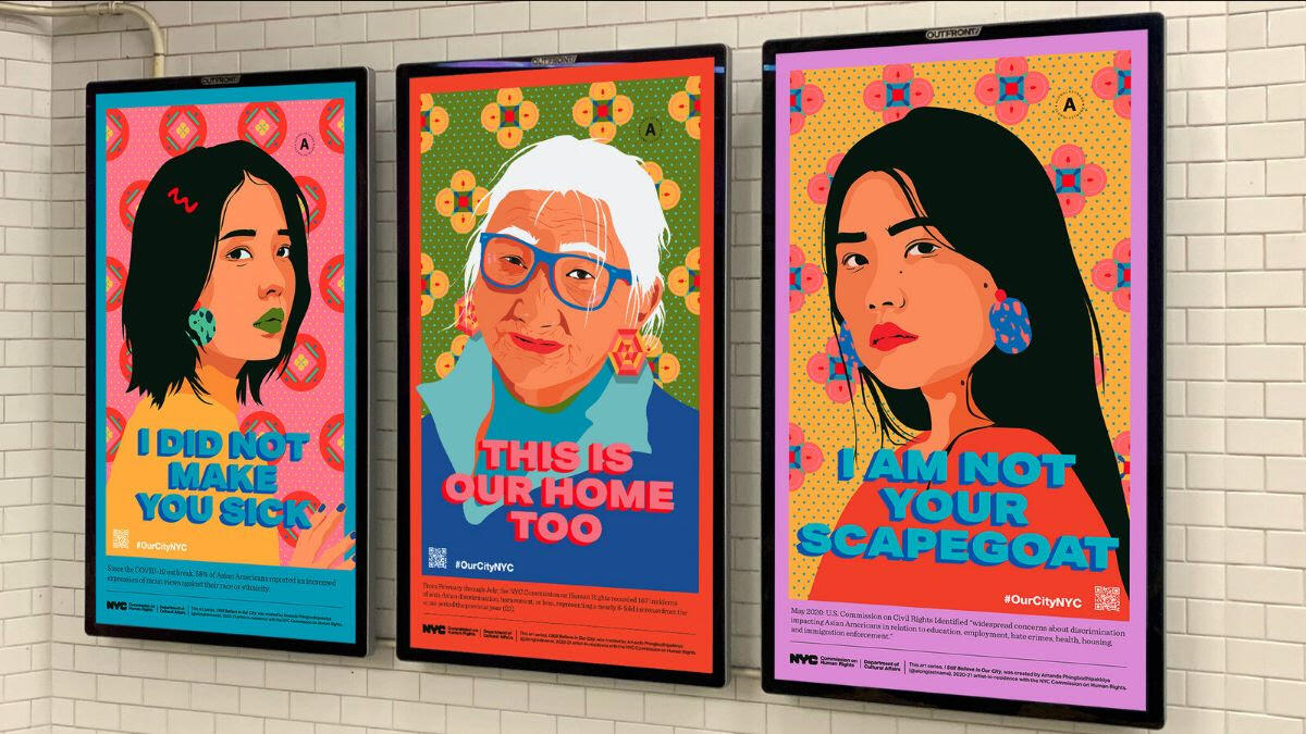 A rendering of Amanda Phingbodhipakkiya’s panels for the “I Still Believe in Our City” public art series.The posters say "I did not make you sick" "This is our home too" and "I am not your scapegoat" 