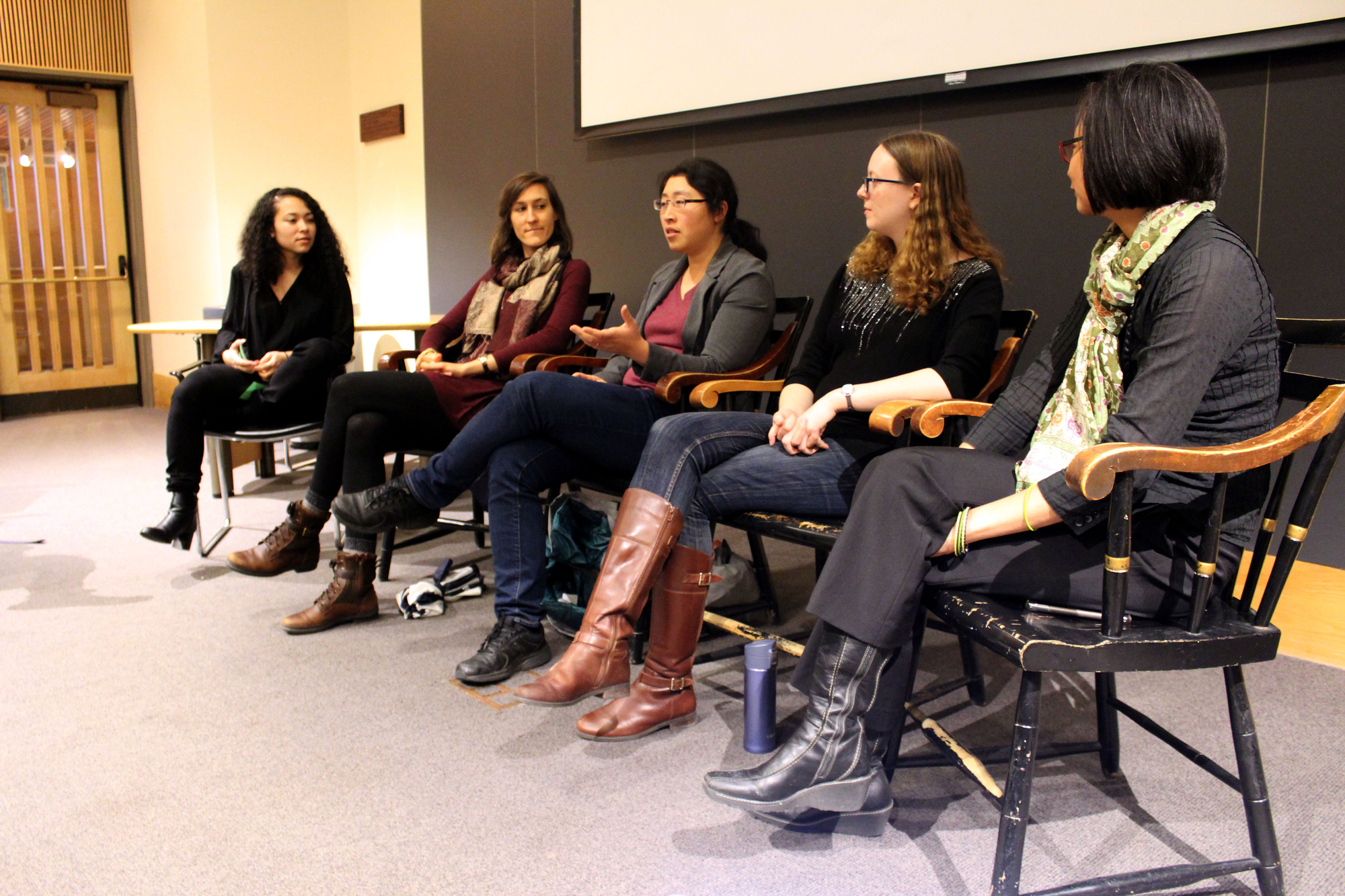 WiSTEM Year-End Career Panelists discussing in Fong Auditorium