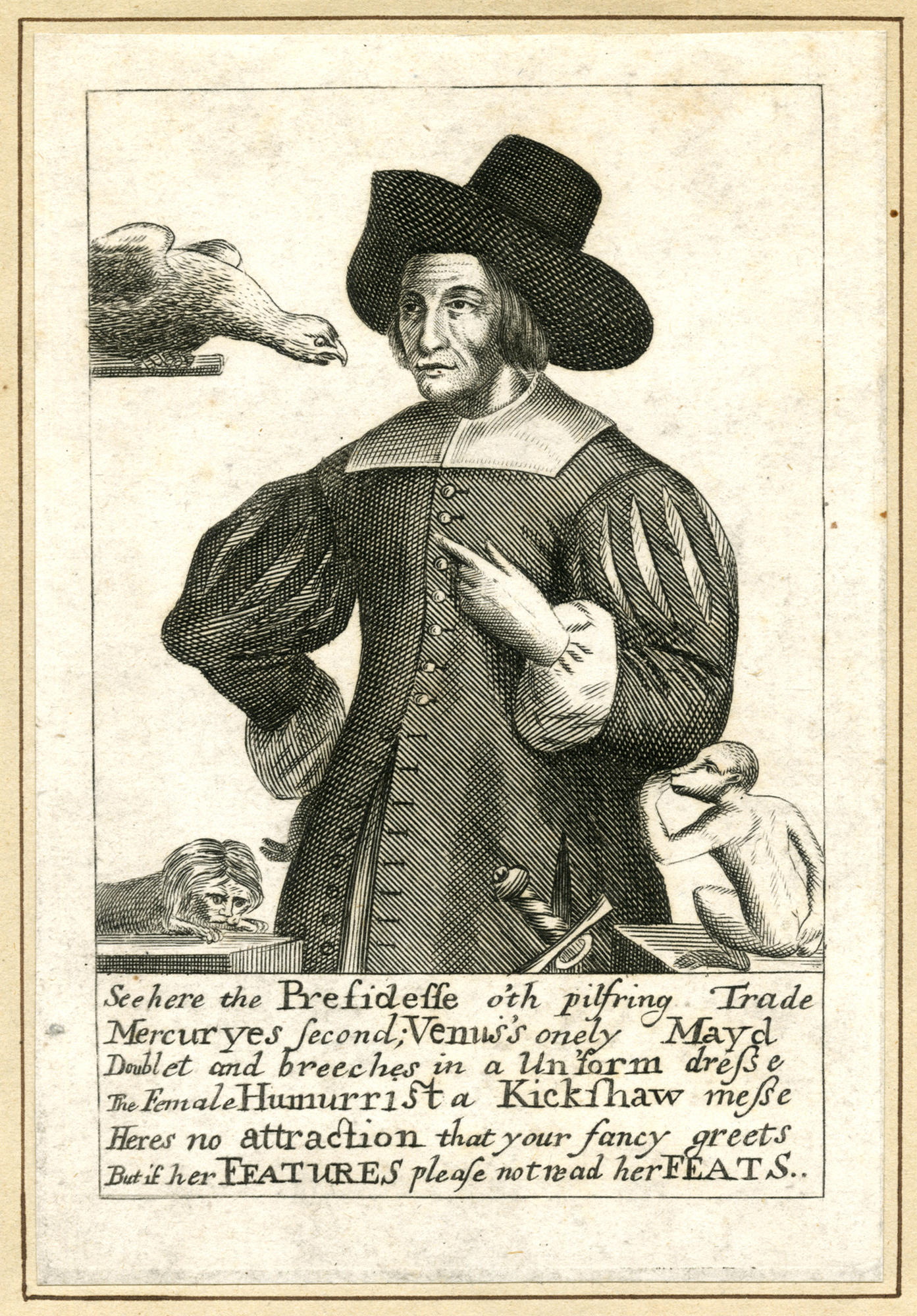 Engraving of Mary Frith three quarter length view in masculine clothing