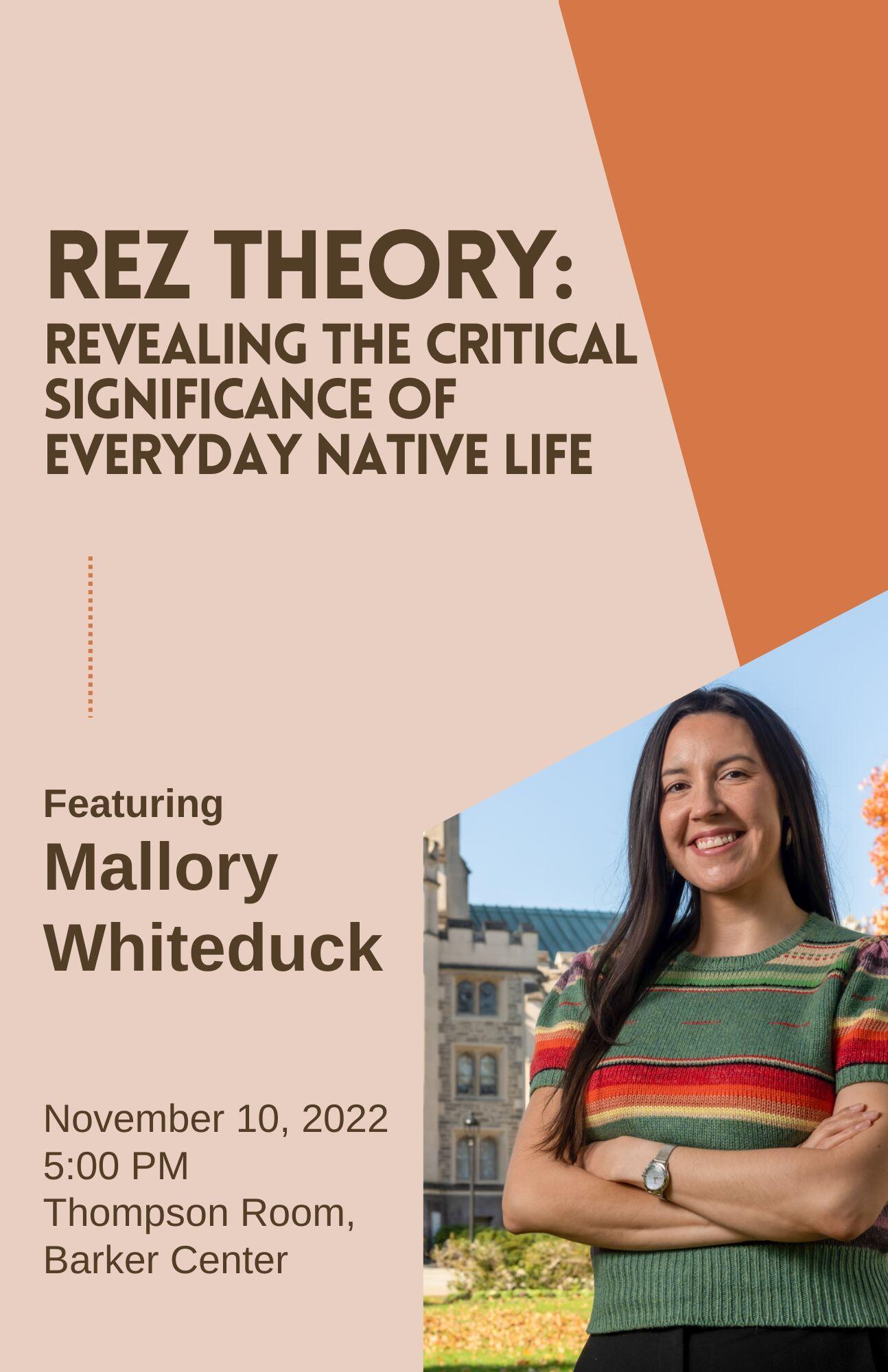 Event poster featuring a photo of Professor Mallory Whiteduck in a green shirt