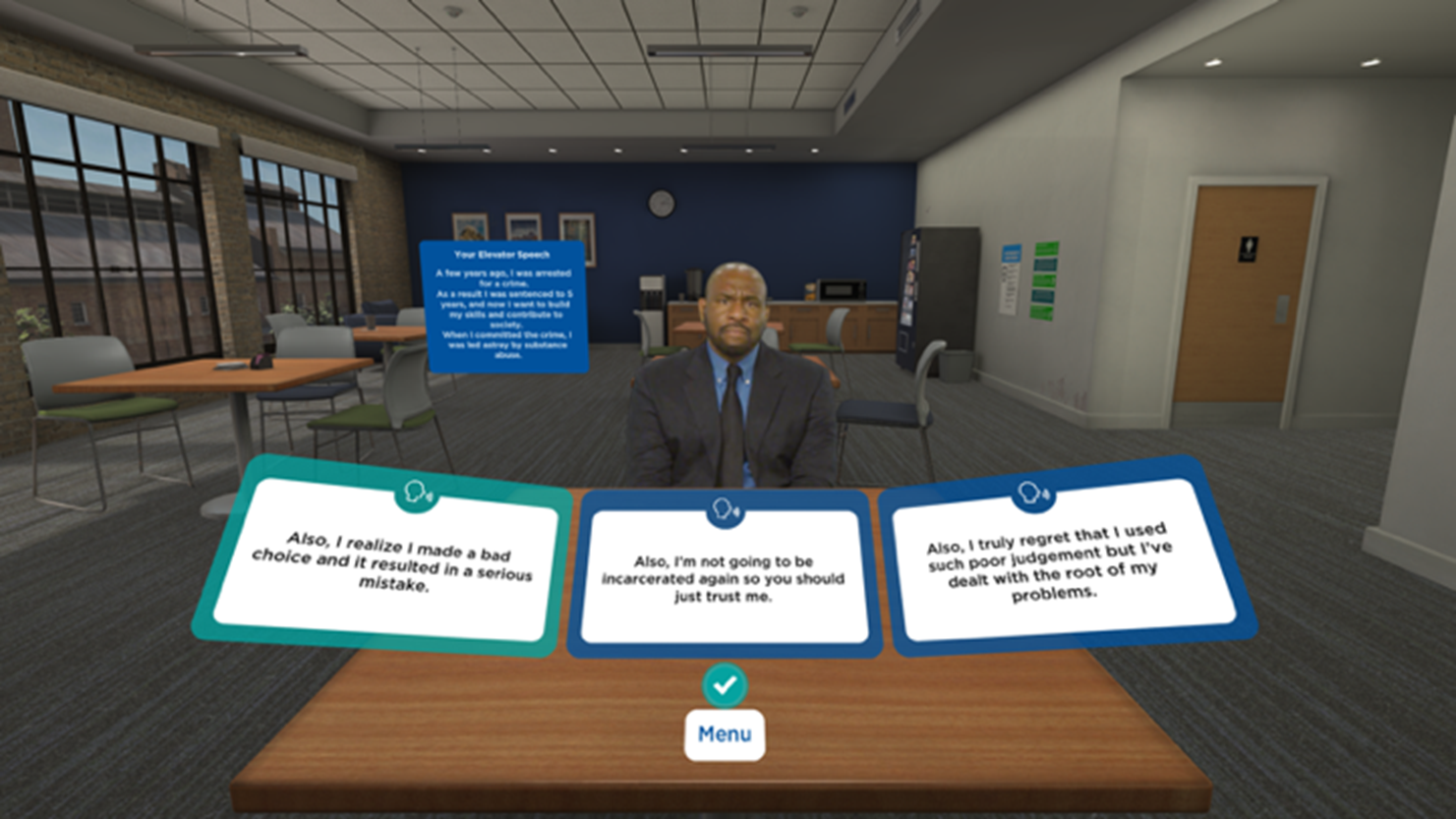 Screenshot from Project Overcome VR program of a man sitting at interview table, with a menu of text boxes that the user can select from