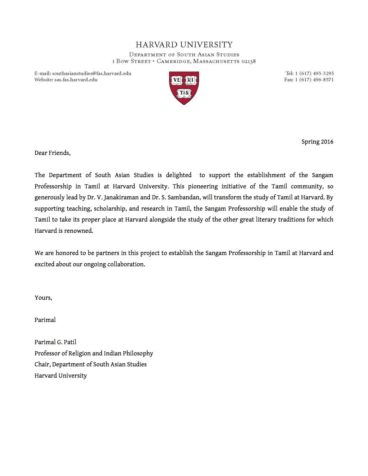 Letter from Parimal G. Patil, Chair, Department of South Asian Studies