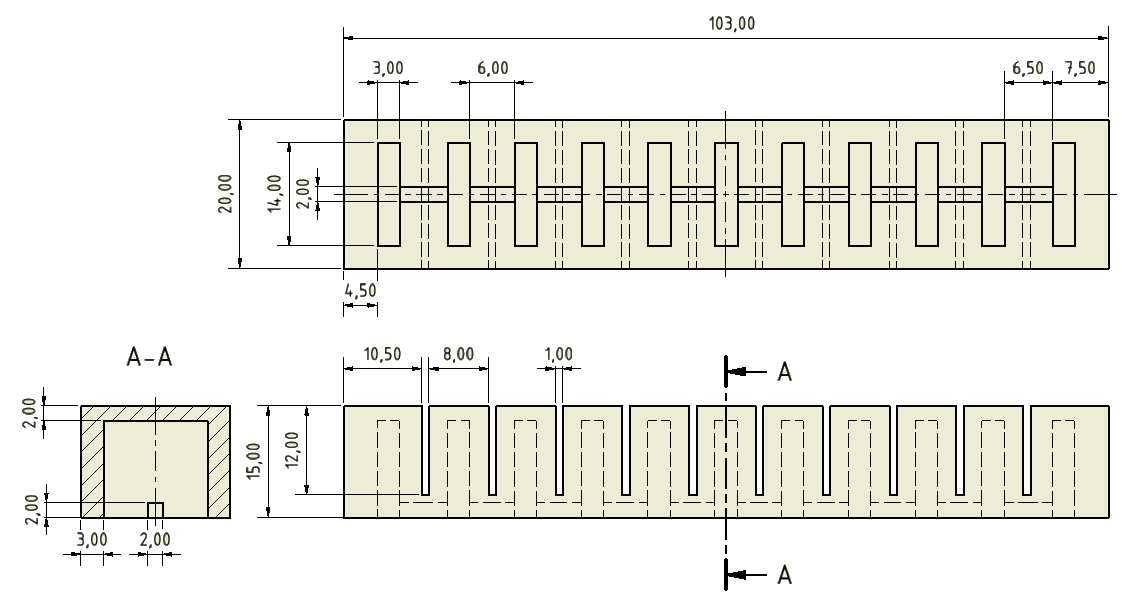 This image contains dimensioned drawings of the main body of the PneuNet actuator