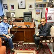 Host Benyamin Cohen (left) interviews Dr. Avi Loeb (right) in his Harvard office. (Photo: From The Grapevine)