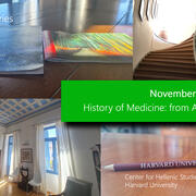 Photo collage depicting Harvard leaflets, a staircase, the CHS Greece Fellows' Room, and a pencil on a desk