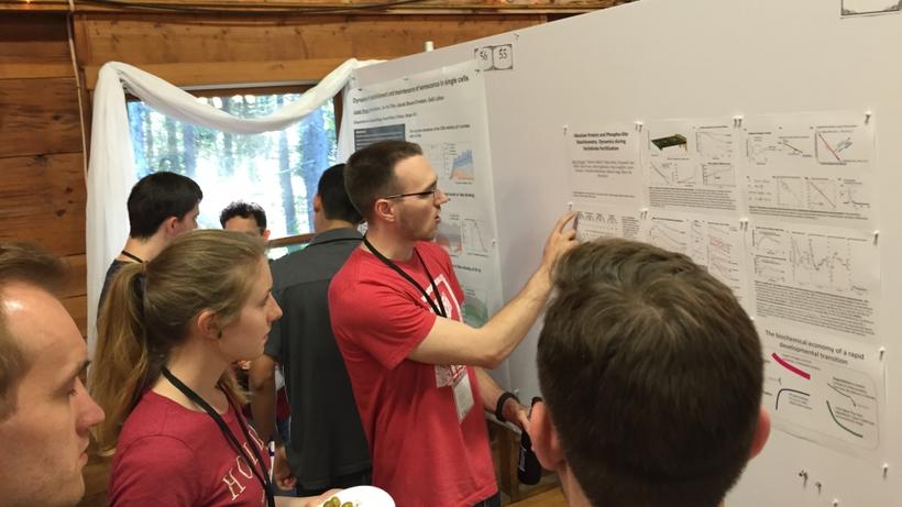 A male researcher explaining a poster to colleagues