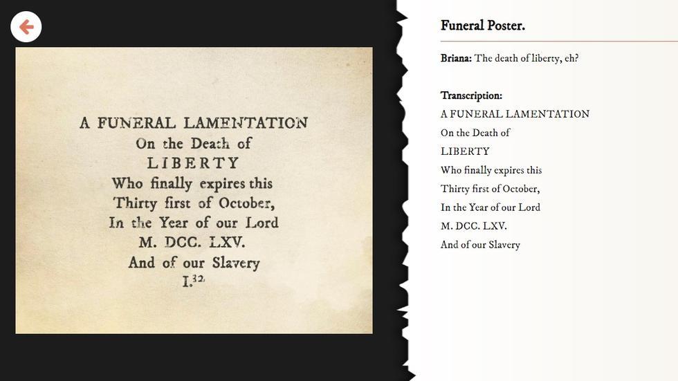 A Funeral Lamentation of the Death of Liberty, one of the historical documents used in the game