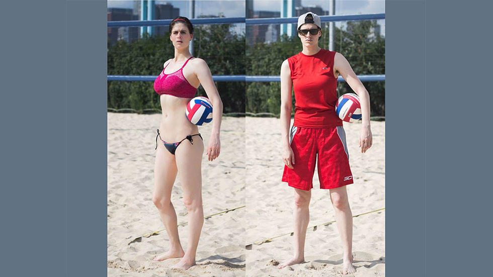 Two photographs of what seems to be the same person appear side by side. In one, the person is wearing clothes coded as feminine, in the other clothes coded as masculine.