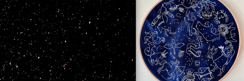 Needle point by Yvette Cendes depicting figures associated with constellations.