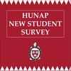 A poster with HUNAP New Student Survey written in white on a crimson background with the HUNAP Logo below it and a white triangle design on the top and bottom borders