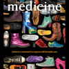 The cover of the Harvard Medicine Magazine Winter 2020 edition. The text reads "Harvard Medicine Magazine: United in a movement to improve LGBTQ health care." The cover design is a black background with an array of colorful shoes.