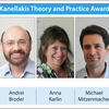 An image of the Paris Kanellakis Award Winners. Prof. Mitzenmacher is featured second from the right. He has fair skin and dark hair, is wearing a white striped collared shirt, and is looking directly into the camera and smiling.