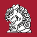 Line art showing the head of a Chinese lion, holding a wisdom pearl in its mouth, in black and white on a flat background of dark red.